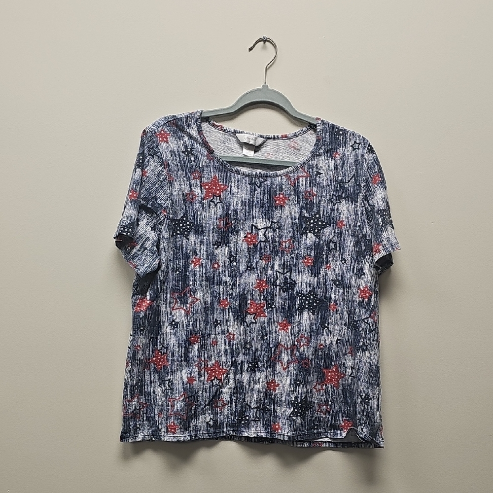 CJ Banks Blue and Red Patterned Short Sleeve Top